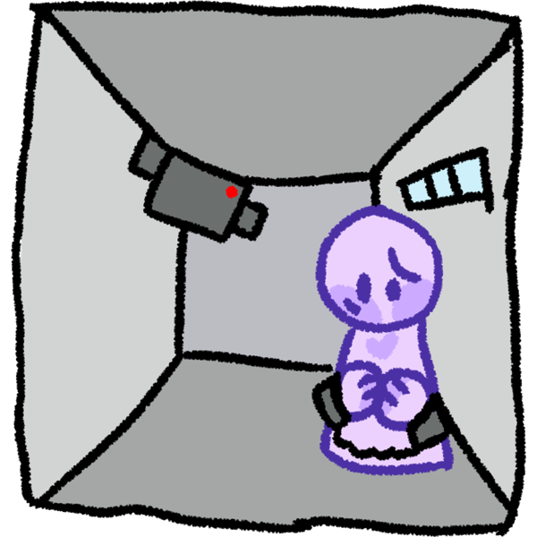 a gray room. Inside the gray room is a distressed lavender person who has silver handcuffs on their hands. On the top left corner of the room is a dark grey security camera and on the right wall is a small, horizontal rectangular window with three bars over it.